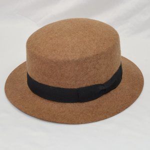 Flat Top Pork Pie Cap with Grosgrain Hat Band, Vintage Style Wool Felt Boater